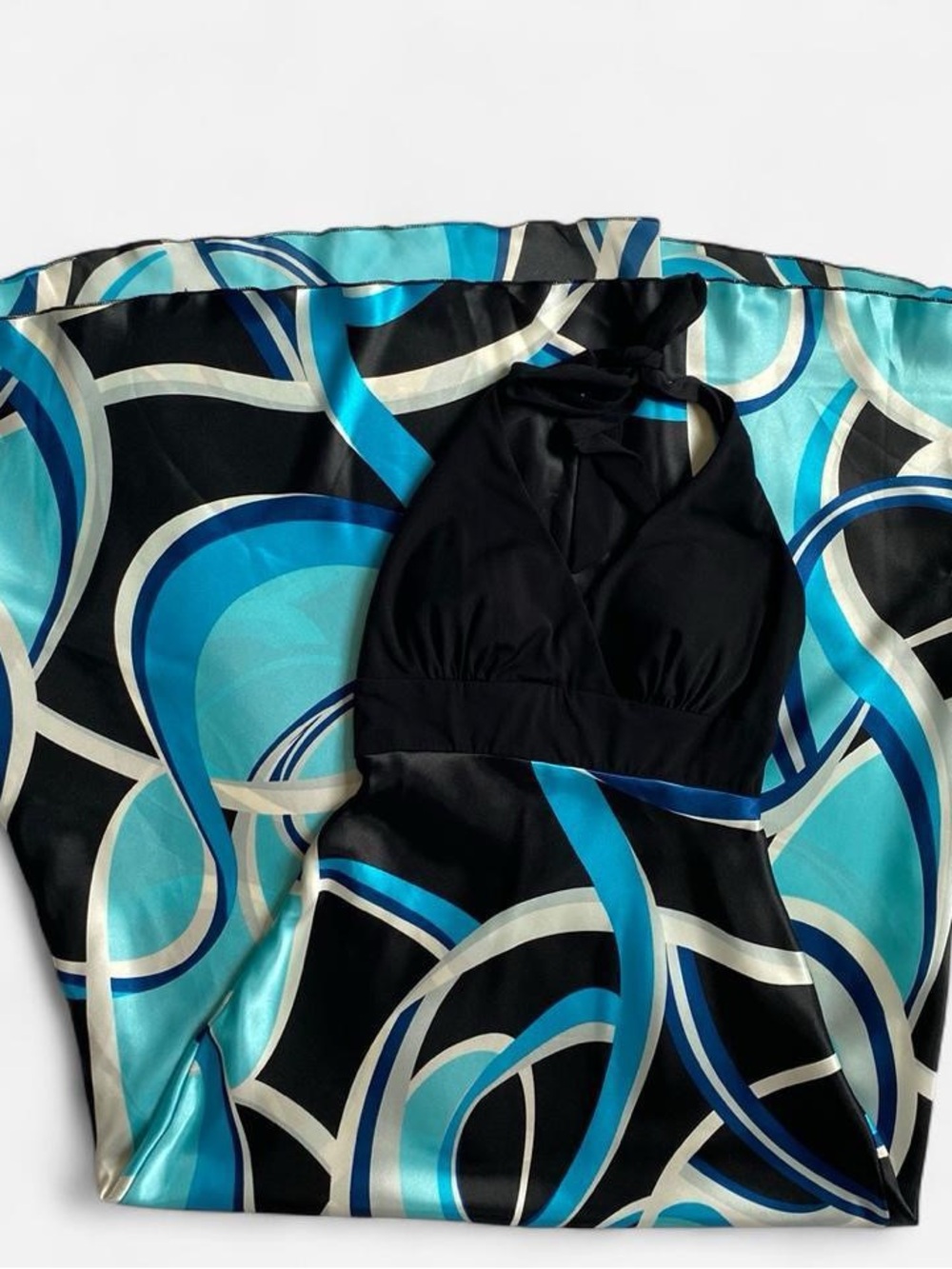 Y2K black & blue swirl pattern halter dress